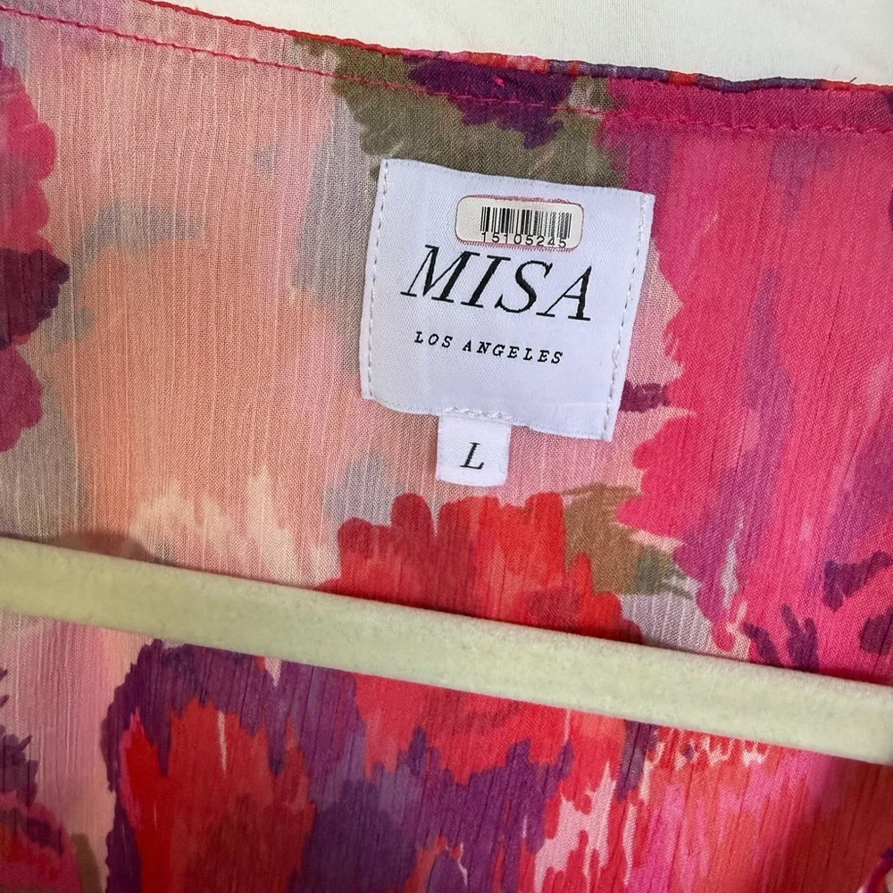 MISA Los Angeles Floral Chiffon Midi Dress Boho Pink Purple Button Front L - Picture 7 of 10
